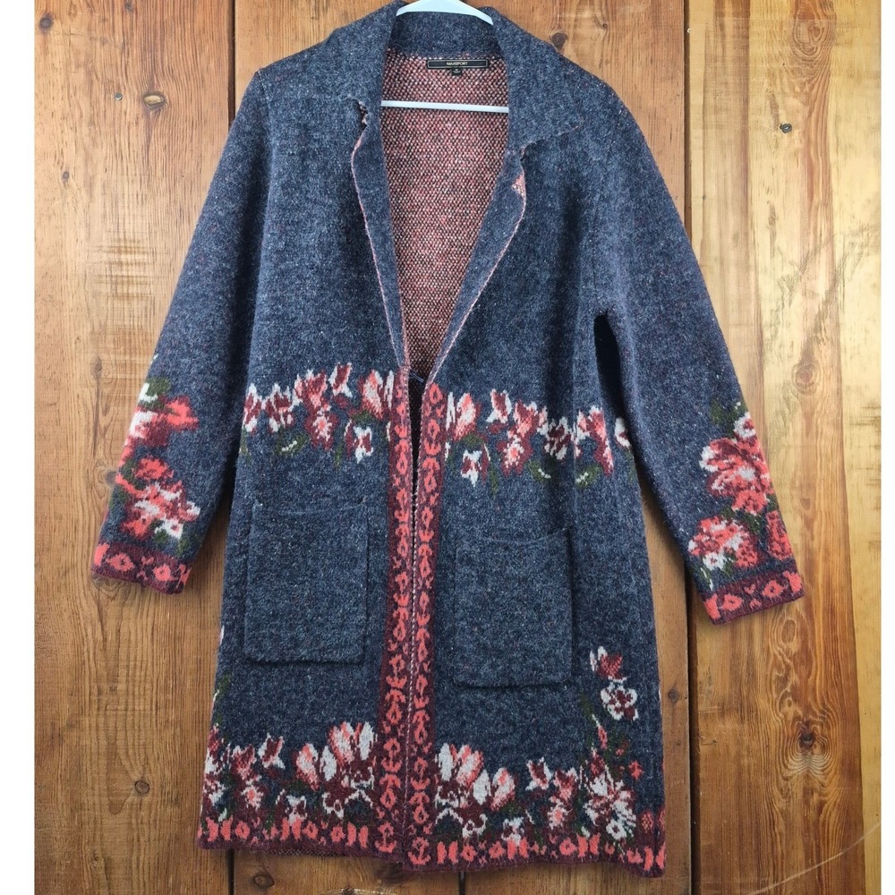 Maxsport Womens Floral Intarsia Knit Longline Cardigan Sweater Navy Blue Size M
